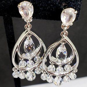 Vintage Swarovski Brand Rhodium Plated Crystal Chandelier Dangle Clip Earrings
